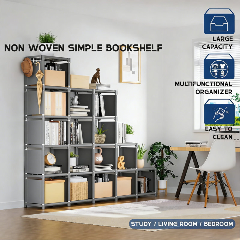 Bibliothèque 18 cubes gris, organisateur de rangement pour chambre à coucher, salon, bureau, Gray