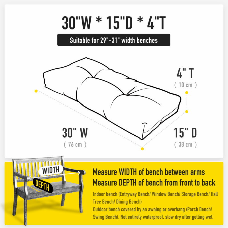 Sunrox Indoor/Outdoor Non Slip Memory Foam Bench Cushion, 30" W x 14" D, Midnight