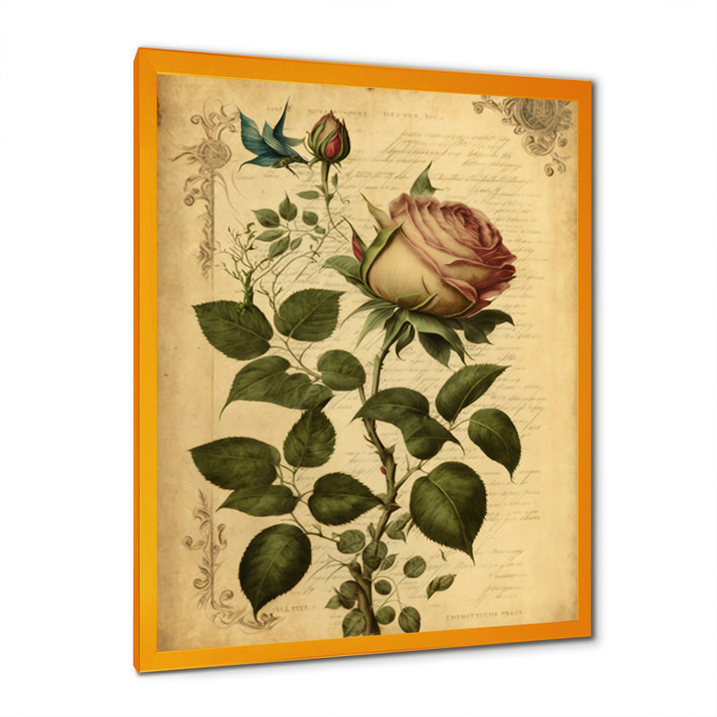 Rose rose sur parchemin rétro III - imprimé floral rose sur bois, H 32 po x l 16 po x P 1 po, Cadre doré à coins fermés