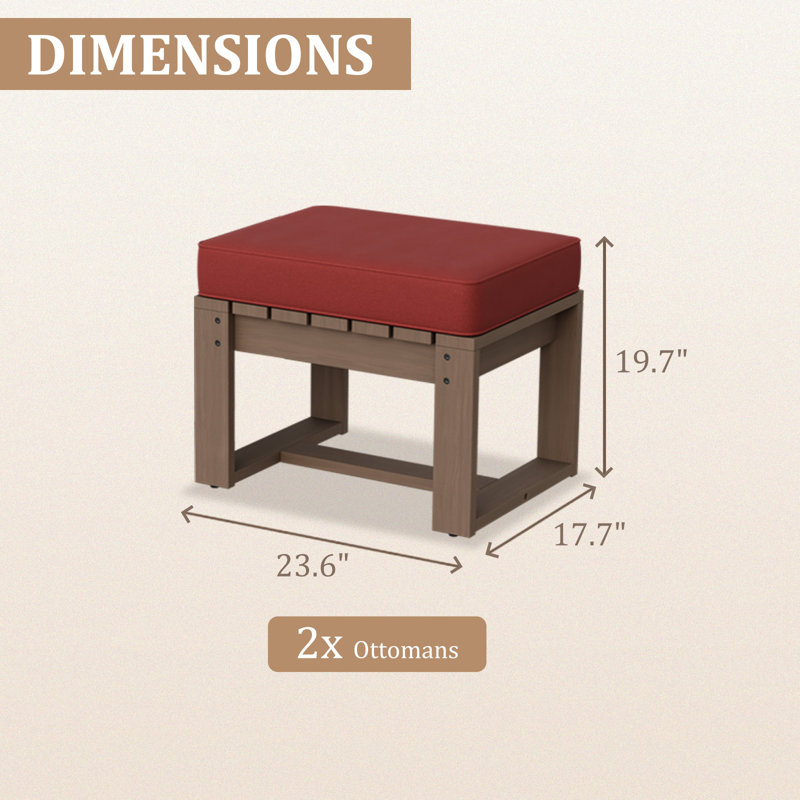 Cedar Solid Wood Frame Patio Outdoor Ottomans with Cushions, Red