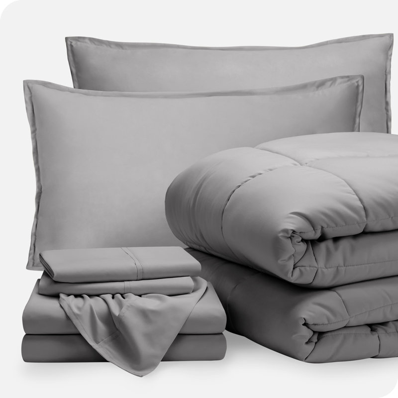 Microfiber Bed-In-A-Bag, Light Gray/Light Gray, Full Comforter + 6 Additional Pieces