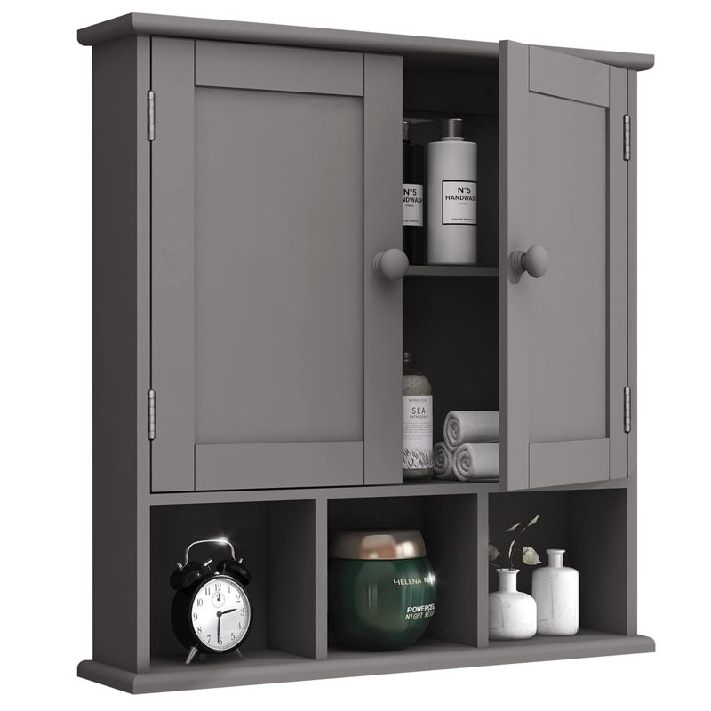 Armoire murale de salle de bain de style minimaliste avec 2 portes et tablettes réglables, Gris