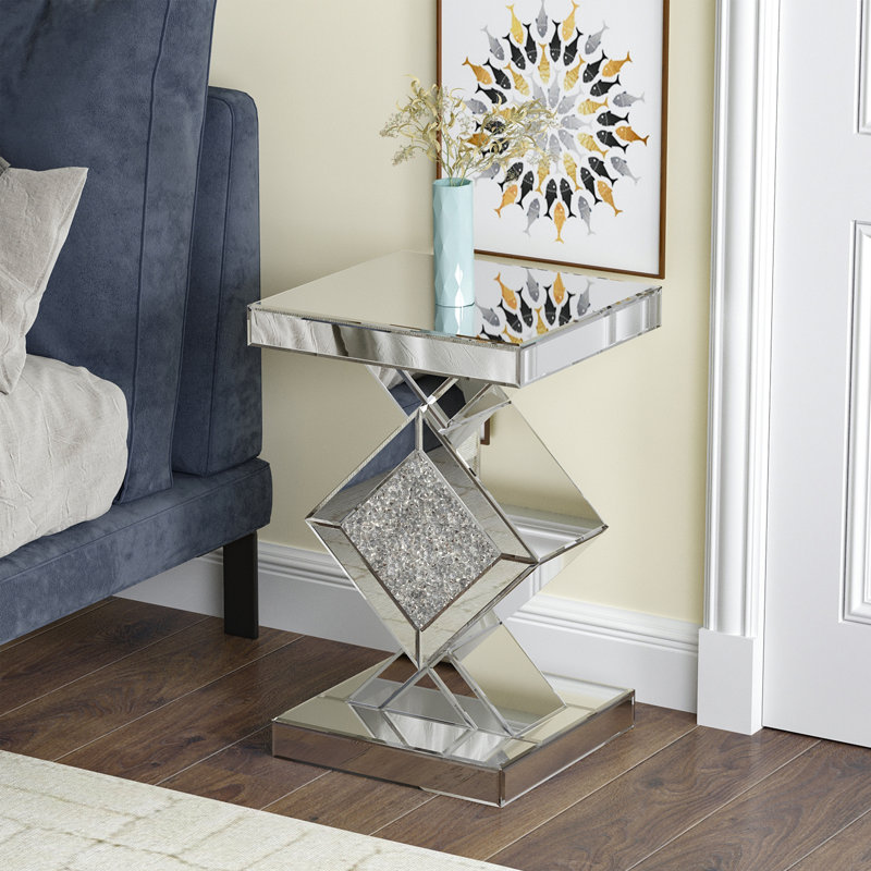 Ensemble de 2 tables miroir : console à plateau en verre et table d'appoint haute sur pied avec incrustations de cristal. Style ultramoderne, contemporain et glamour.