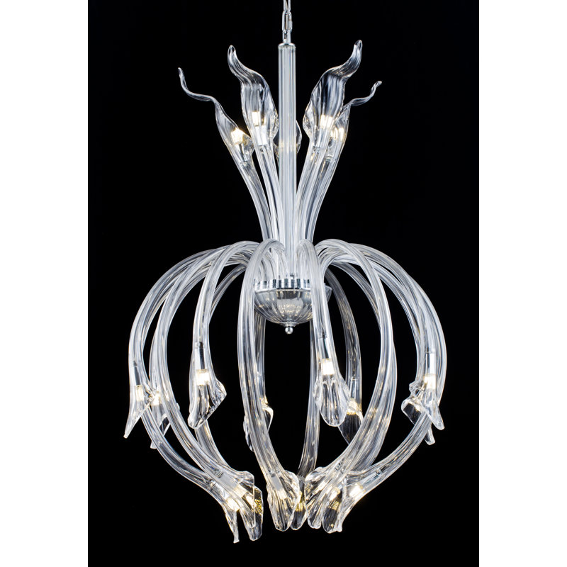 Lustre 21 lumières en chrome avec verre soufflé transparent