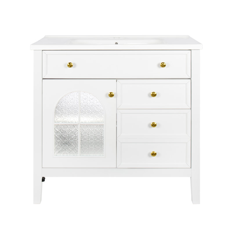 36" Bathroom Vanity With Ceramic Sink & Motion-Sensor Light, White