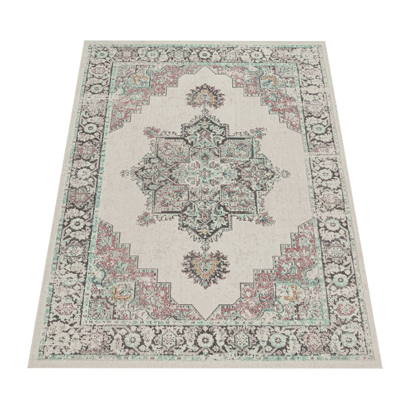Ludgera Terrace Short Pile Oriental Design Power Loom Cream/Grey/Blue Indoor/Outdoor Rug, Rectangle 60 x 100cm