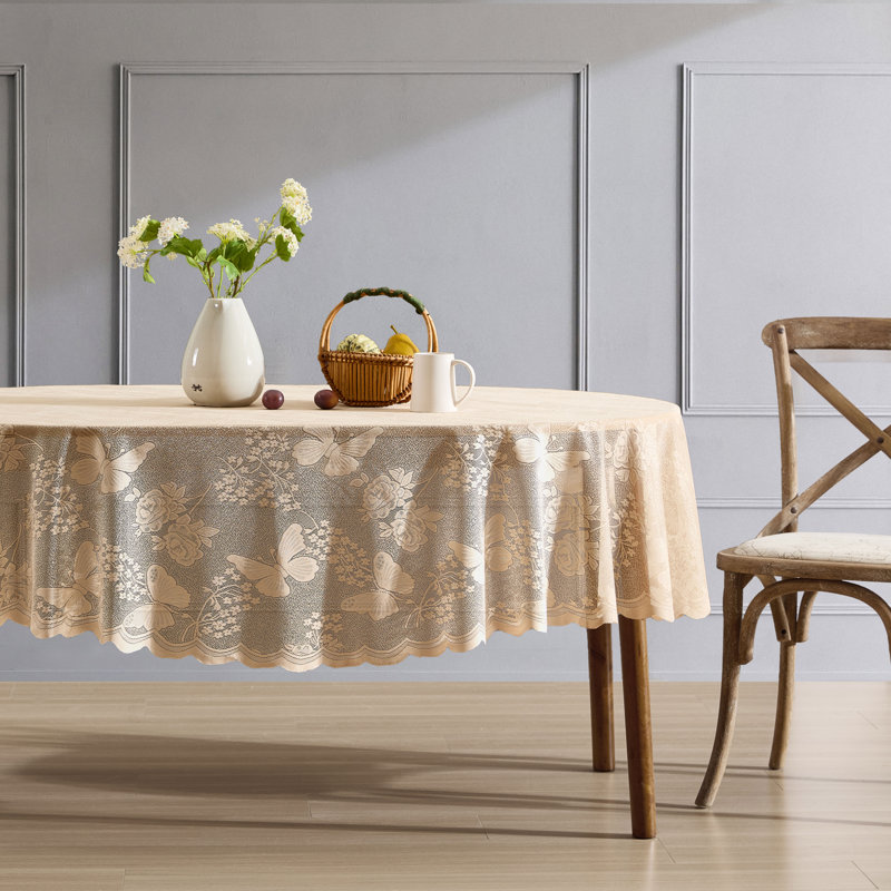 August Grove® Dearia Floral Lace Fabric Tablecloth, Lace Fabric Table Cloth for Oval Tables, Wrinkle Resistant Tablecloth, Patterned Scalloped Tablecloth (60 W x 84 L)
