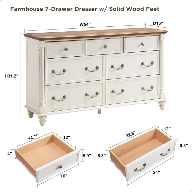 Commode à 7 tiroirs Ojaswi Farmhouse, Blanc antique