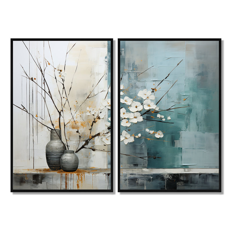 Subtle Serenity II - ensemble d'art mural moderne bleu sarcelle 2, Black, 36" H x 48" W, Impression encadrée flottante