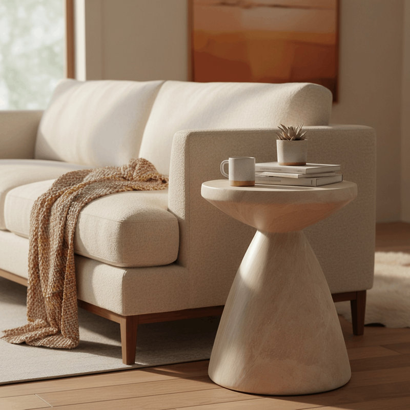 Guruvansh 17" Wide Round Fiberstone Side End Table – Tapered Hourglass Pedestal Accent Table for Patio, Balcony, or Living Room