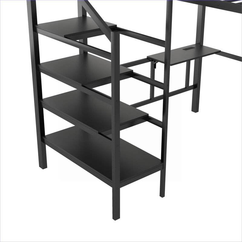 Structure de lit mezzanine en métal noir élégant avec bureau pliable et station de charge intégrée, idéale pour les enfants et les adolescents