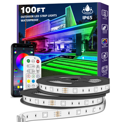 Ruban lumineux d'extérieur à DEL de 100 pi imperméable IP67, bandes lumineuses à DEL RVB avec télécommande et branchement de musique alimenté pour l'extérieur de la maison de jardin