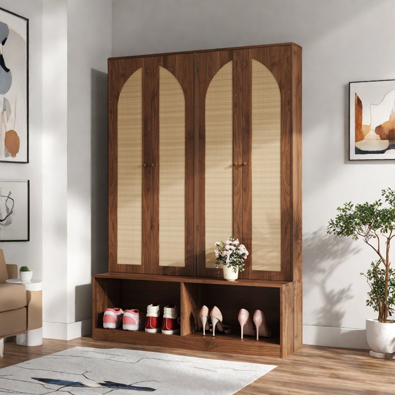 Farmhouse Widen Hall Tree With 4 Rattan Doors, Seating Bench, 6 Hooks And Shoe Cabinet, Walnut