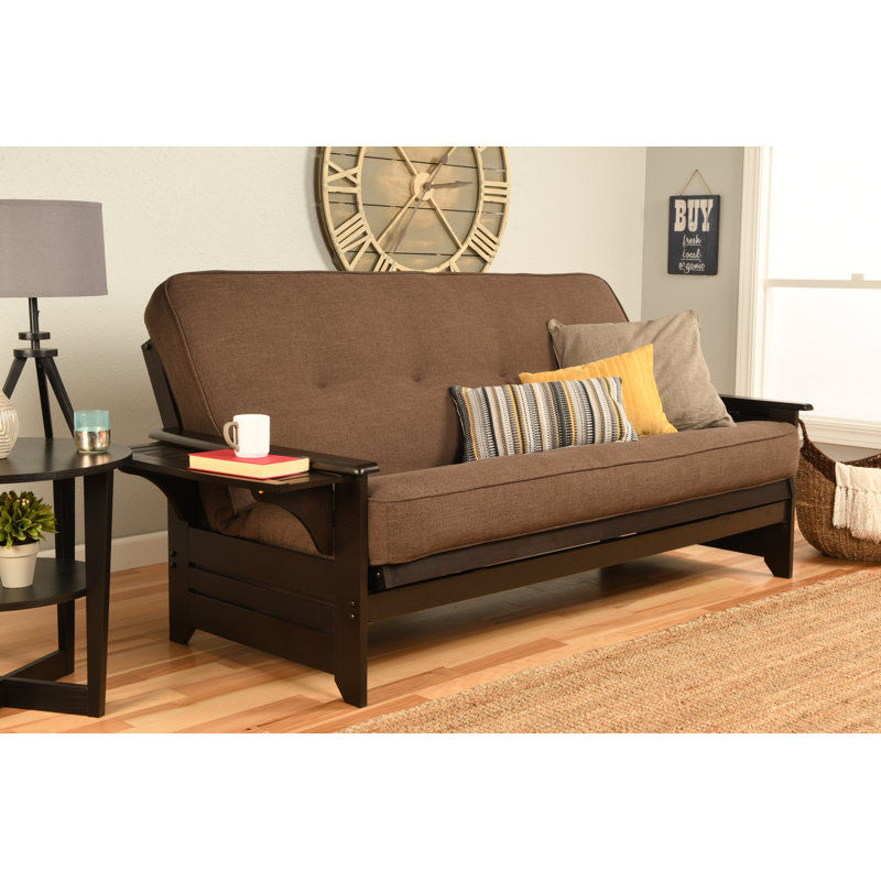 Johnte 82'' Wide Full Futon And Mattress, Espresso, Linen Cocoa Microsuede, Innerspring