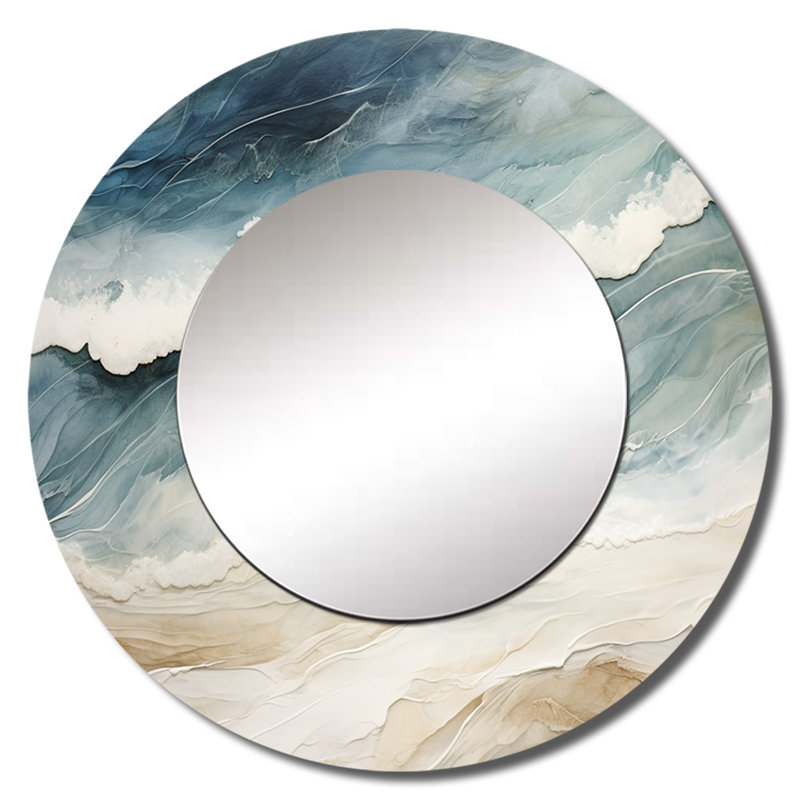 Runnie Modern Blue And Beige Sand Aerial View III - Beach Sand Mirror, Coastal Round Unique Wall Mirror, Printed Metal Art