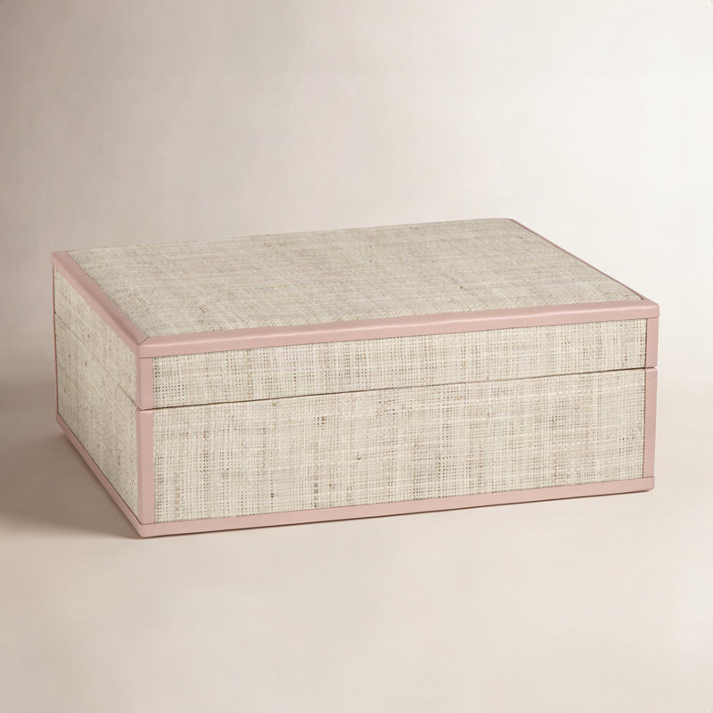 Boîte décorative en raphia et cuir faite à la main Hadaway, H 4,5 po x l 12,5 po x P 10 po, Rose / naturel