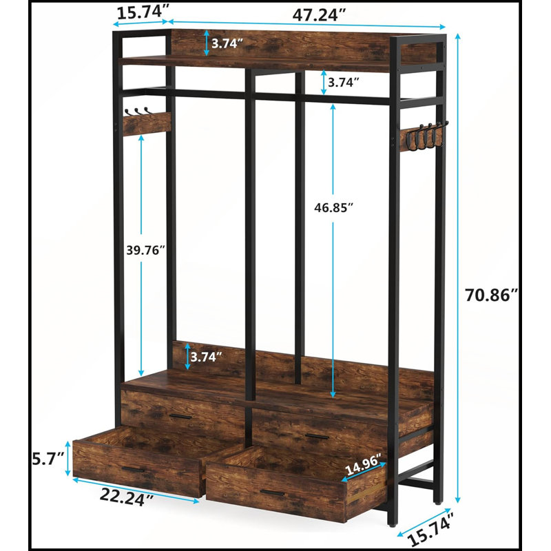 Organisateur de garde-robe autoportant rustique brun avec 4 tiroirs, 8 crochets, tablettes et tringle pour un rangement efficace