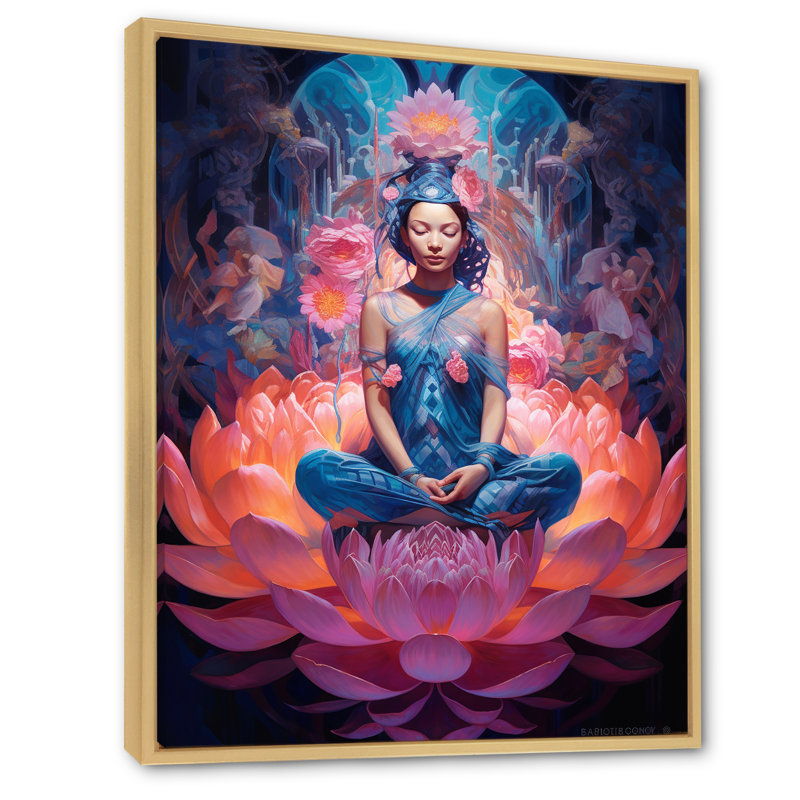 «Blue Yoga Pink Lotus Woman I» sur toile, H 32 po x l 16 po x P 1 po, Cadre naturel flottant