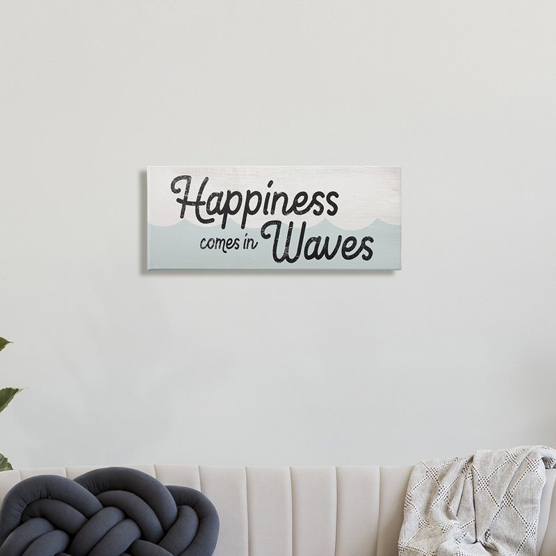 «Happiness Comes In Waves», phrase «Blue Ocean Waves», H 13 po x l 30 po, Giclée encadrée noir minuit