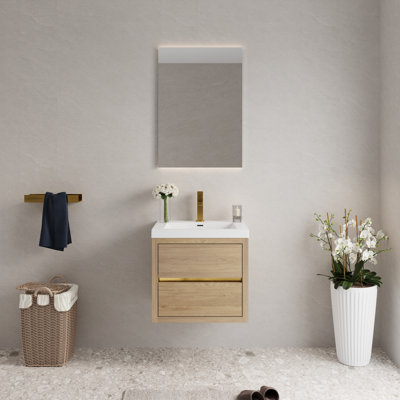 Meuble-lavabo mural de 24 po avec comptoir en résine de pierre, tiroirs à fermeture en douceur, chêne naturel entièrement construit, bois, largeur de 20,11 po, profondeur de 23,49 po, système de tiroir supérieur fermé, chêne assemblé