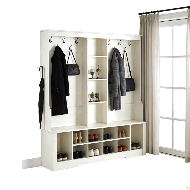 Arbre d'entrée Itaar avec banc et rangement pour chaussures, banc d'entrée 3 en 1 avec portemanteau, arbre d'entrée avec rangement pour chaussures réglable et crochets de suspension, blanc