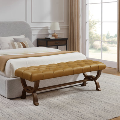 Herman 59.45 " W Tufted Full Grain Leather Upholstered Bench with Solid Ash Wood Frame