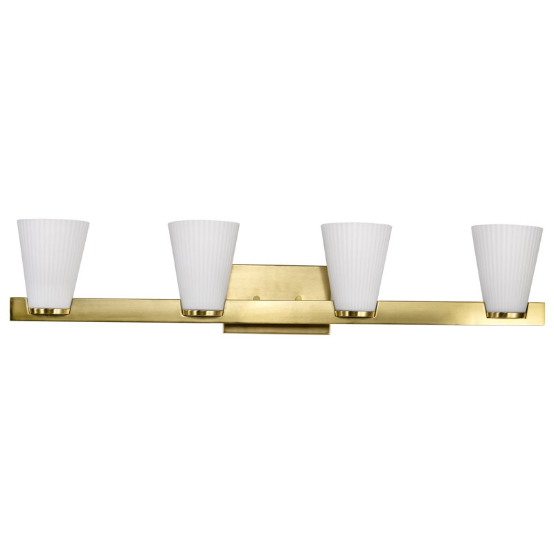 Keindl - Vanity - Ribbed White Glass, Burnished Brass, 33.5" Width, 4 Lights