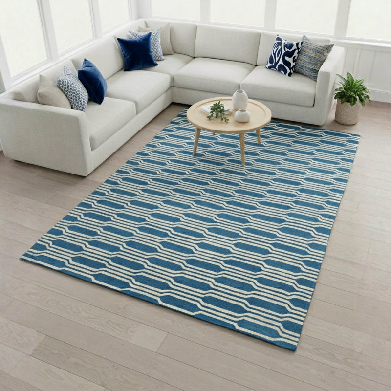 Tapis bleu turquoise et crème en laine touffeté à la main Acworth Authentic, 7 pi x 10 po