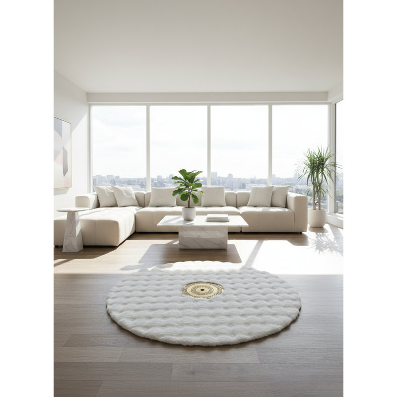 Tapis blanc rond en peluche, tapis rond doux de luxe, décor de salon, détail centre doré