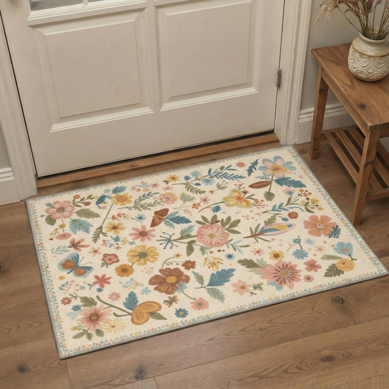 Acker Verdure Floral Machine Washable Beige Indoor Area Rug with Non-Slip Backing, Rectangle 6' x 9'