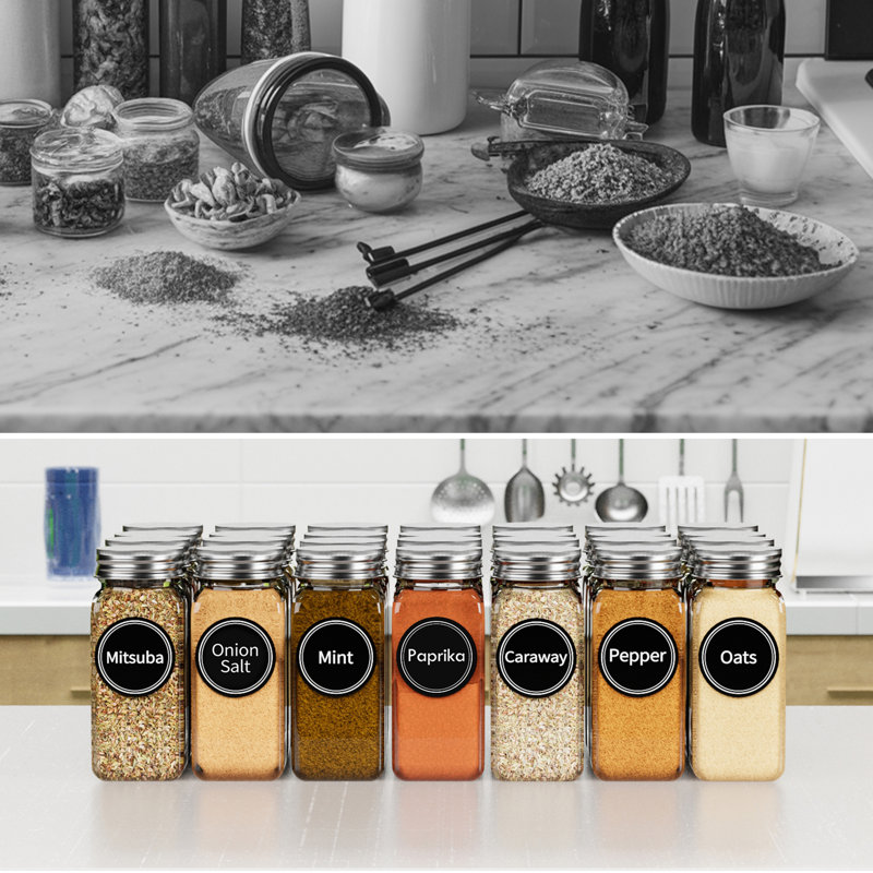 24 Pcs 4oz Glass Spice Jars with Labels - Empty Spice Bottles with Minimalist Farmhouse Stickers and Funnel, Seasoning Containers for Spice Rack, Cabinet, and Drawer,