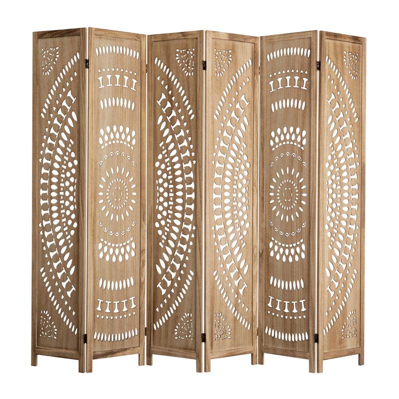 67'' H Solid Wood Folding Room Divider Privacy Screen with Hand-Carved Floral Design, Brown, 6