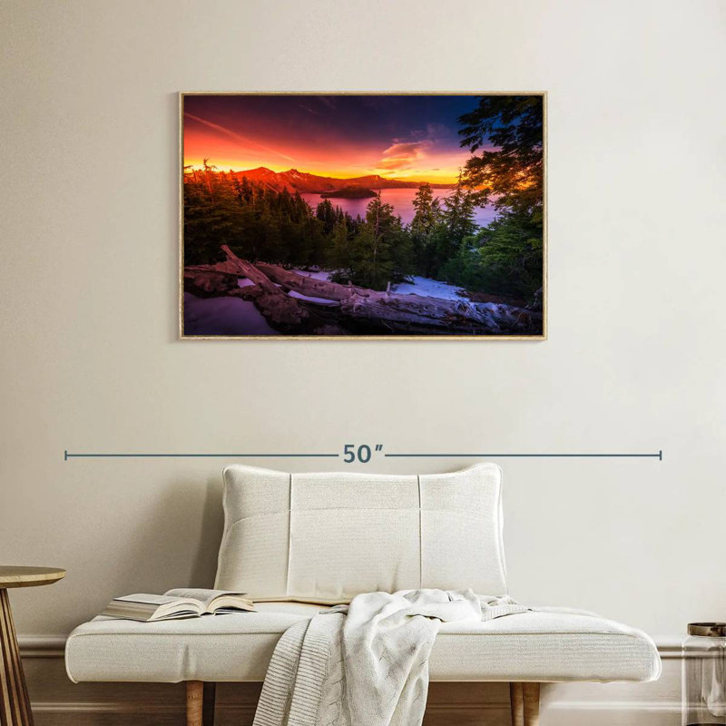 Majestic Crater Lake Sunset, Cadre flottant en bois naturel, 37 po x 25 po