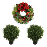 26" Holiday Wreath and Two UV Rated Boxwood Topiary Drop-Ins