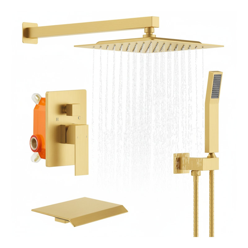 Brushed Gold Rain Shower System with 10 Inch Square Rainfall Shower Head, Handheld Sprayer and Waterfall Tub Spout - Modern Bathroom Shower Fixture with Pressure Balance Valve