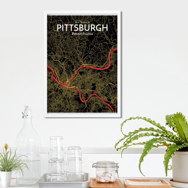 Pittsburgh City Map, impression, Noir / rouge / jaune, H 27,6 po x l 19,7 po