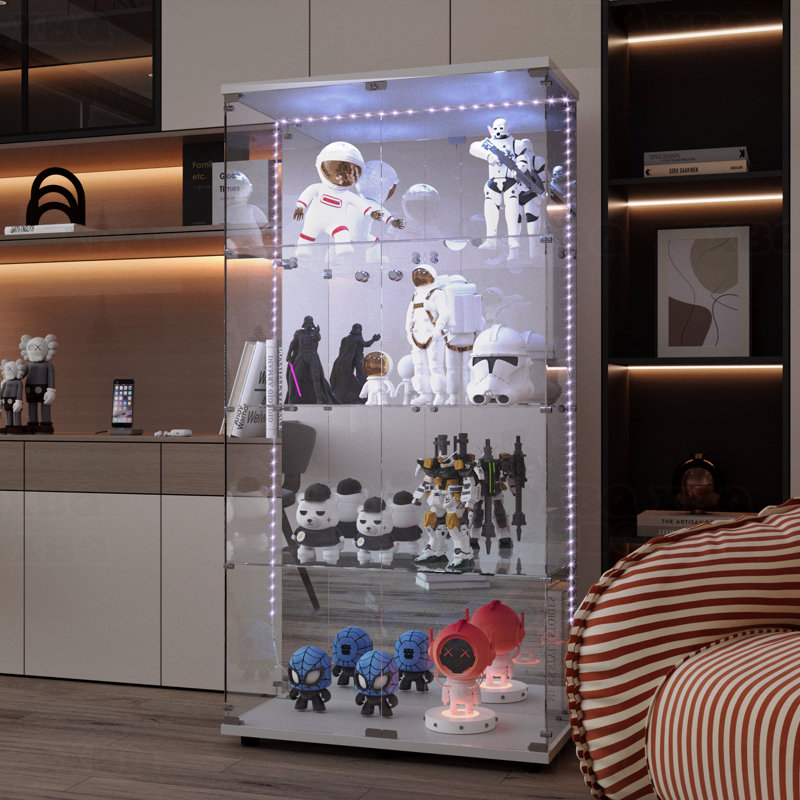 Vitrine en verre trempé - éclairage DEL Bluetooth + roulettes verrouillables, blanc, Blanc