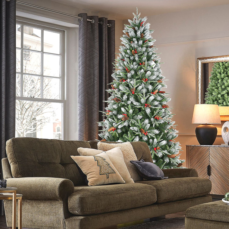  Arbre de Noël avec 2514 pointes, baies rouges et pommes de pin - Branches PE + PVC enneigées, 52'