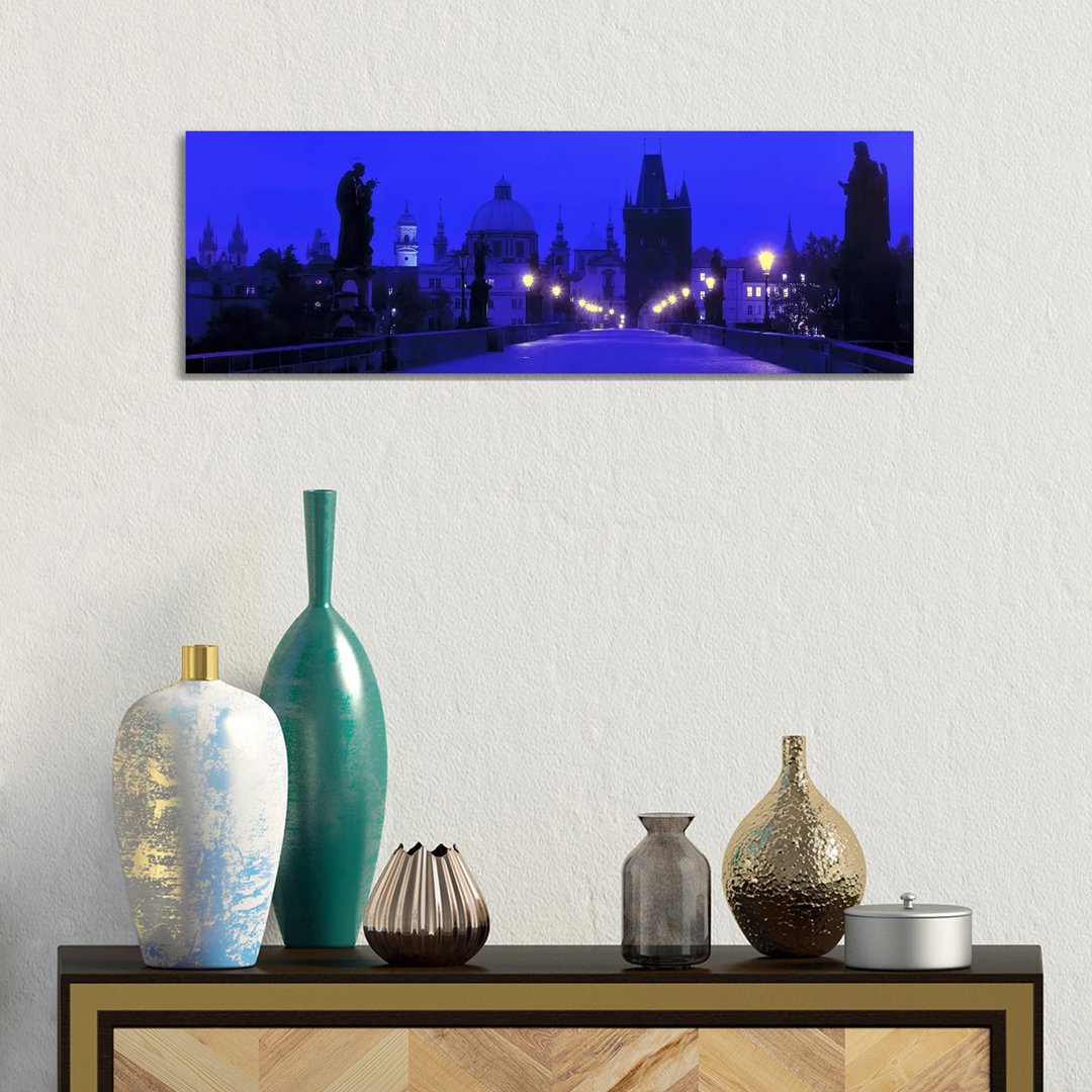 Charles Bridge At Night, Prague, Czech Republic - Wrapped Canvas Panoramic Print