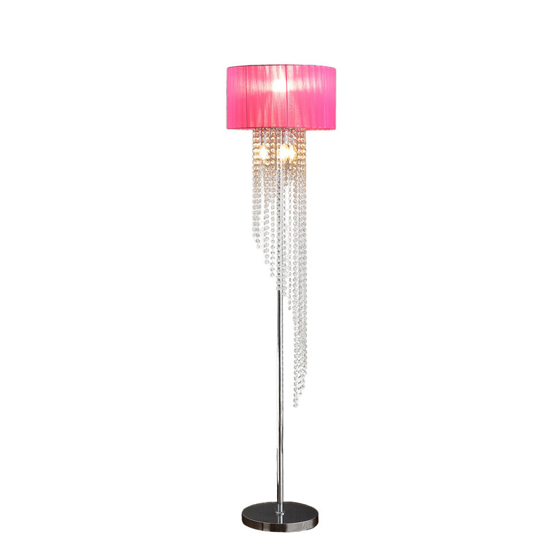 Lampe sur pied Mero, chaînes de pluie en cristal suspendues, abat-jour blanc, 66 po, rose