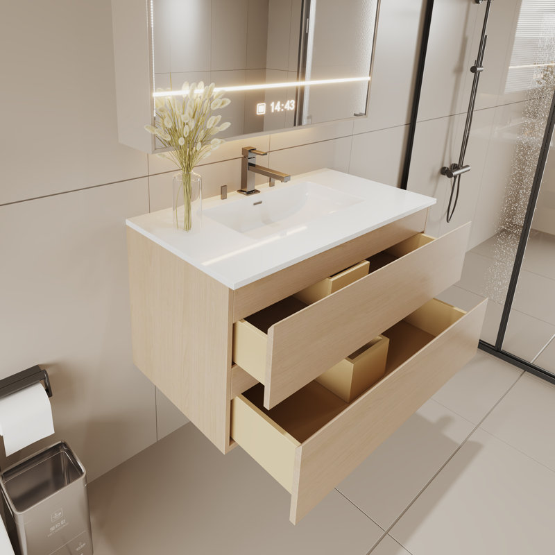 Meuble-lavabo mural - meuble-lavabo flottant moderne avec tiroirs à fermeture en douceur, portes en stratifié, fabrication en contreplaqué, largeur de 36 po