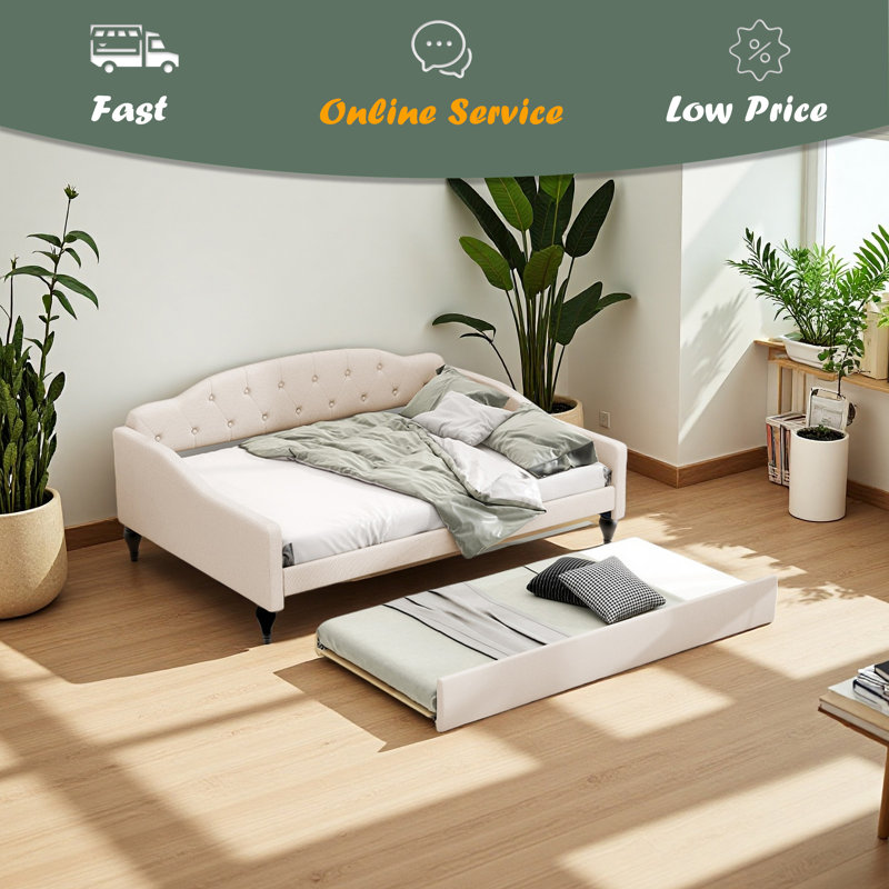 Full Size Upholstered Tufted Daybed With Twin Size Trundle
