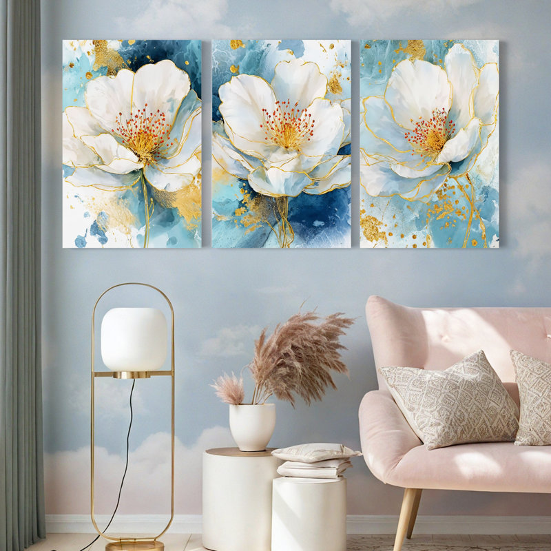 Floral avec décorations dorées, reproduction d'art sur toile abstraite (ensemble de 3), H 30 po x l 60 po