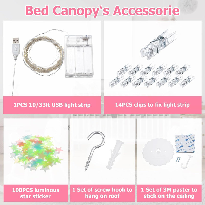 Lit à baldaquin avec lumières, lit à baldaquin pour filles princesse avec étoiles lumineuses, lit à baldaquin