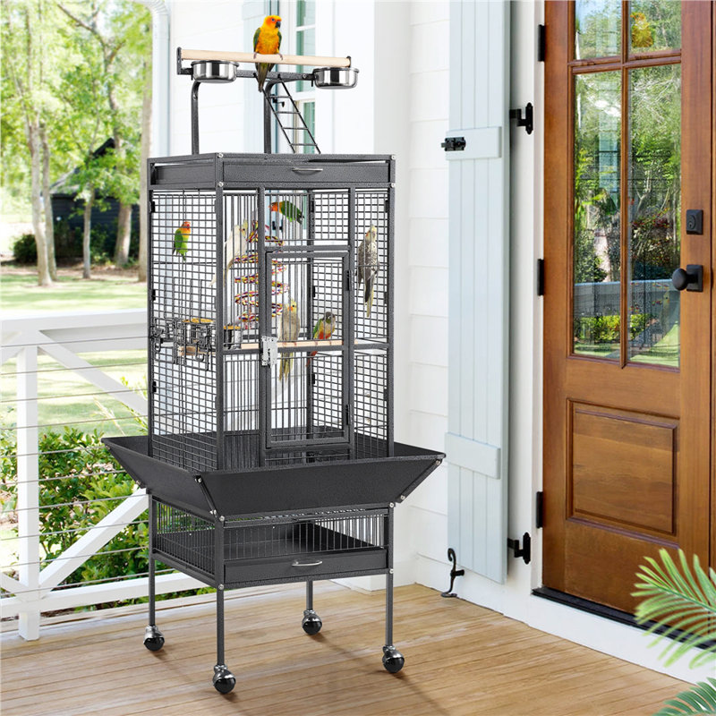 156cm Steel Play Top Floor Bird Cage with Wheels, Black