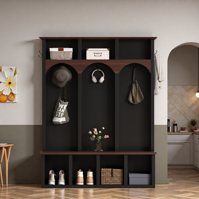 Farmhouse Wooden Style Hall Tree With Arched Design, 5 Hooks And 7 Open Compartments, Black