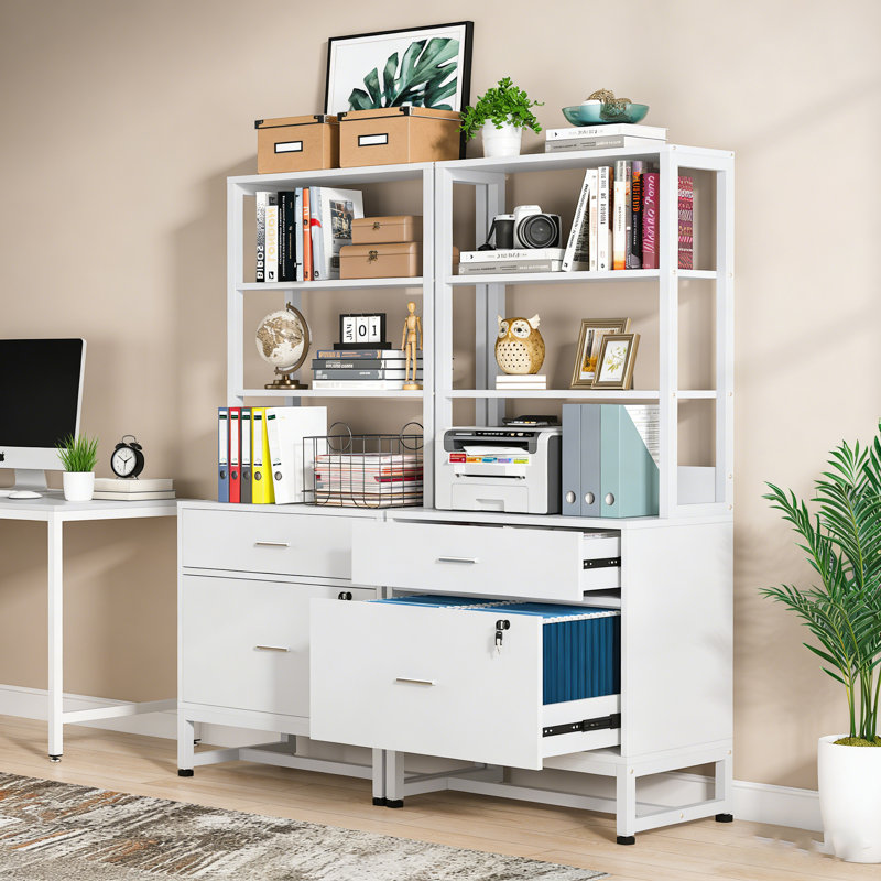 2 Drawers Tall File Cabinet with Shleves, White