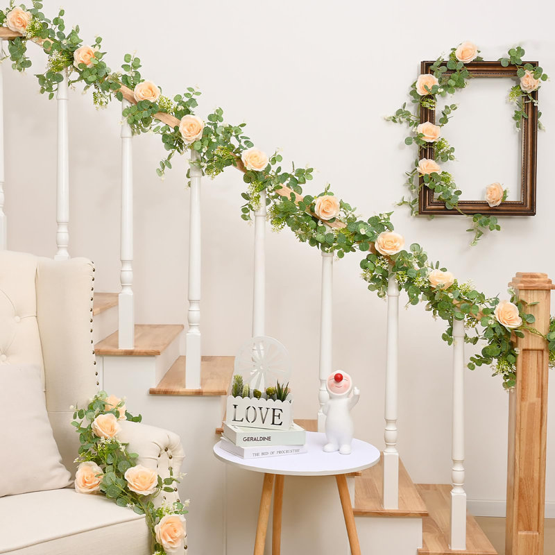 2 guirlandes d'eucalyptus artificiel 13 pi avec fleurs, Champagne rosé