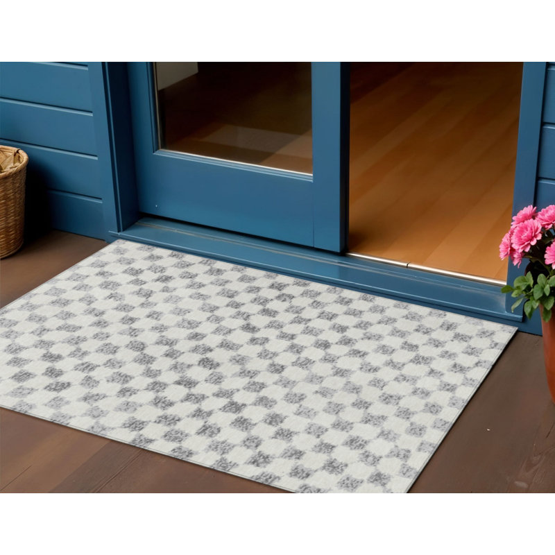 Tapis extérieur lavable à motif géométrique gris et ivoire 3 pi x 5 pi