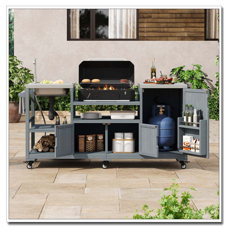 Îlot de cuisine 75,4 "avec évier pour œuf XL, Gris te bleu